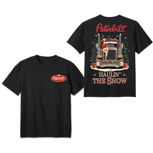 Peterbilt T-Shirt, Haulin’ the Snow Christmas Truck Design with Pin-Up Girl and Holiday Lights, Soft Cotton Fabric, Unisex Fit, Perfect Gift for Truckers and Christmas Lovers