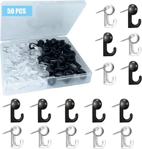 50 PCS Push Pin Hooks, Plastic Heads Cork Board Hooks Decorative Thumb Tacks Hook for Photo Wall, Bulletin Board, Home Wall, Home Office School Supplies (Black and Clear)