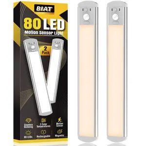 BIAT Under Cabinet Lights 2PCS, 80 Led Motion Sensor Light Indoor, Rechargeable Closet Lights Motion Sensored, 3 Color Temps Under Counter Lights for Kitchen, Dimmable Under Cabinet Lighting