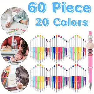 60 Pcs Plastic Beadable Pen Beaded Black Ink Ballpoint Pens for Kids Students Presents Office School Supplies