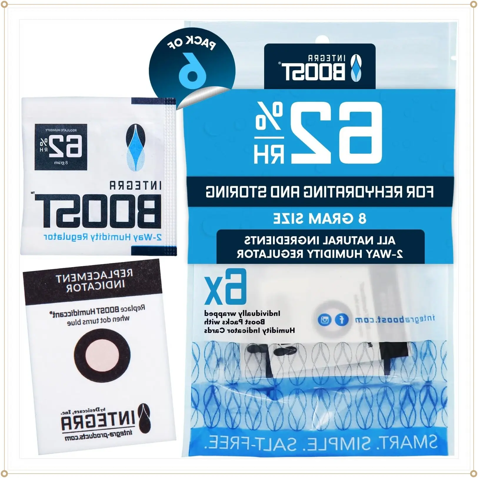 Integra Boost 62% RH, 2 Way Humidity Control Packs – 8g Size for Storing Up to 1oz – Pack of 6 Moisture Absorbers for Small Jars & Containers – Humidifier Packets for Herbs & Spices in Resealable BagGift