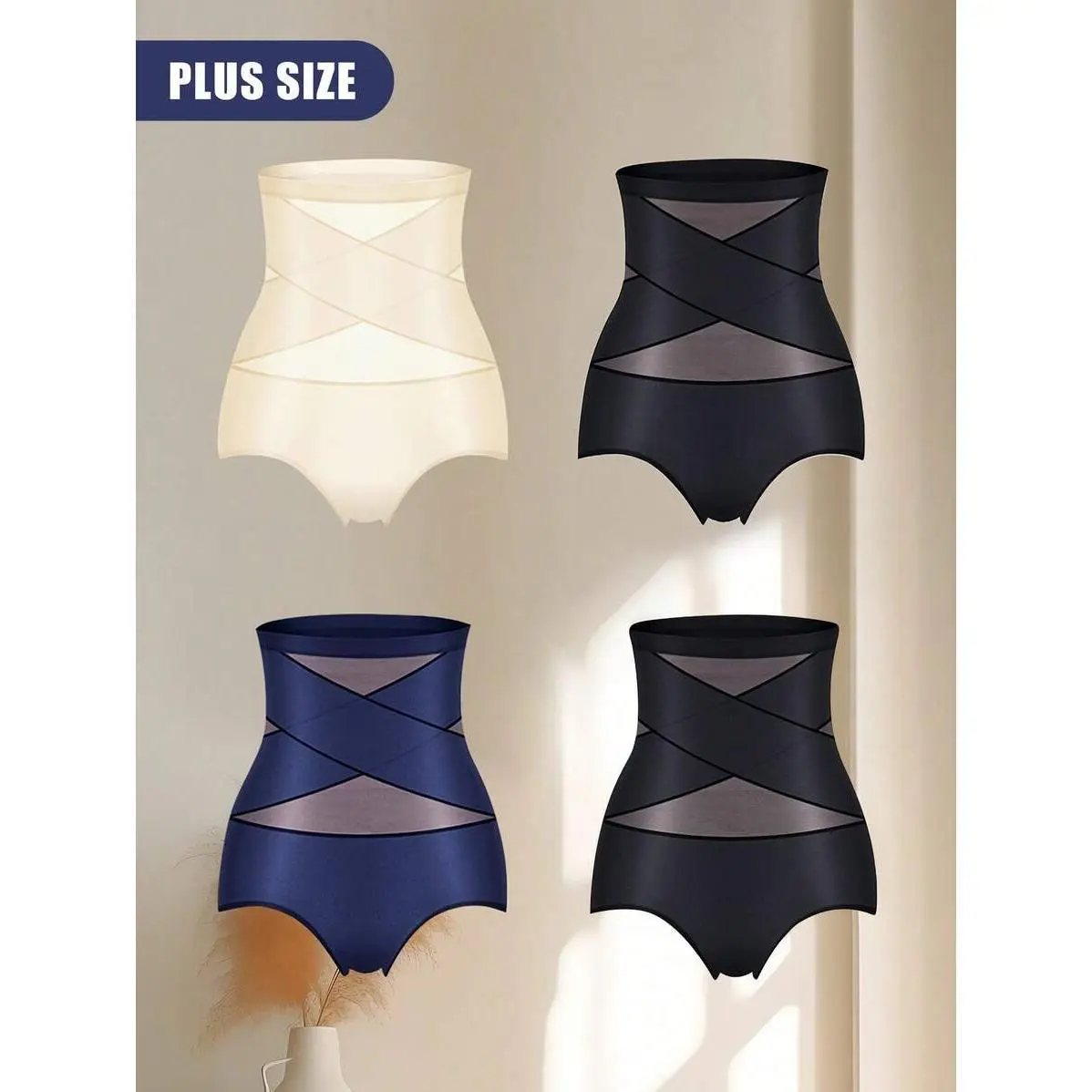 Women's Plus Size Basic Briefs - 4-Pack High Rise Tummy Control Push Up Hip Lift Panties with Criss Cross Straps, No-Show Breathable Knit Elastane Fabric, Ideal for Spring, Bridesmaid Events, Nurse Use, Multicolortights Compatible, Lingerie, Halloween