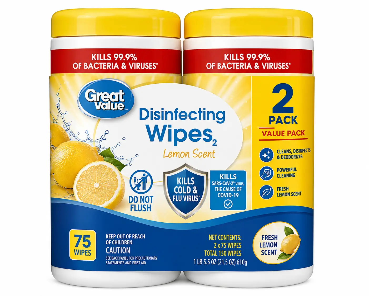 Great Value Lemon Scent Disinfecting Wipes, 75 Count, 2-Pack – Multi-Surface Cleaning Wipes for Home, Kitchen & Bathroom