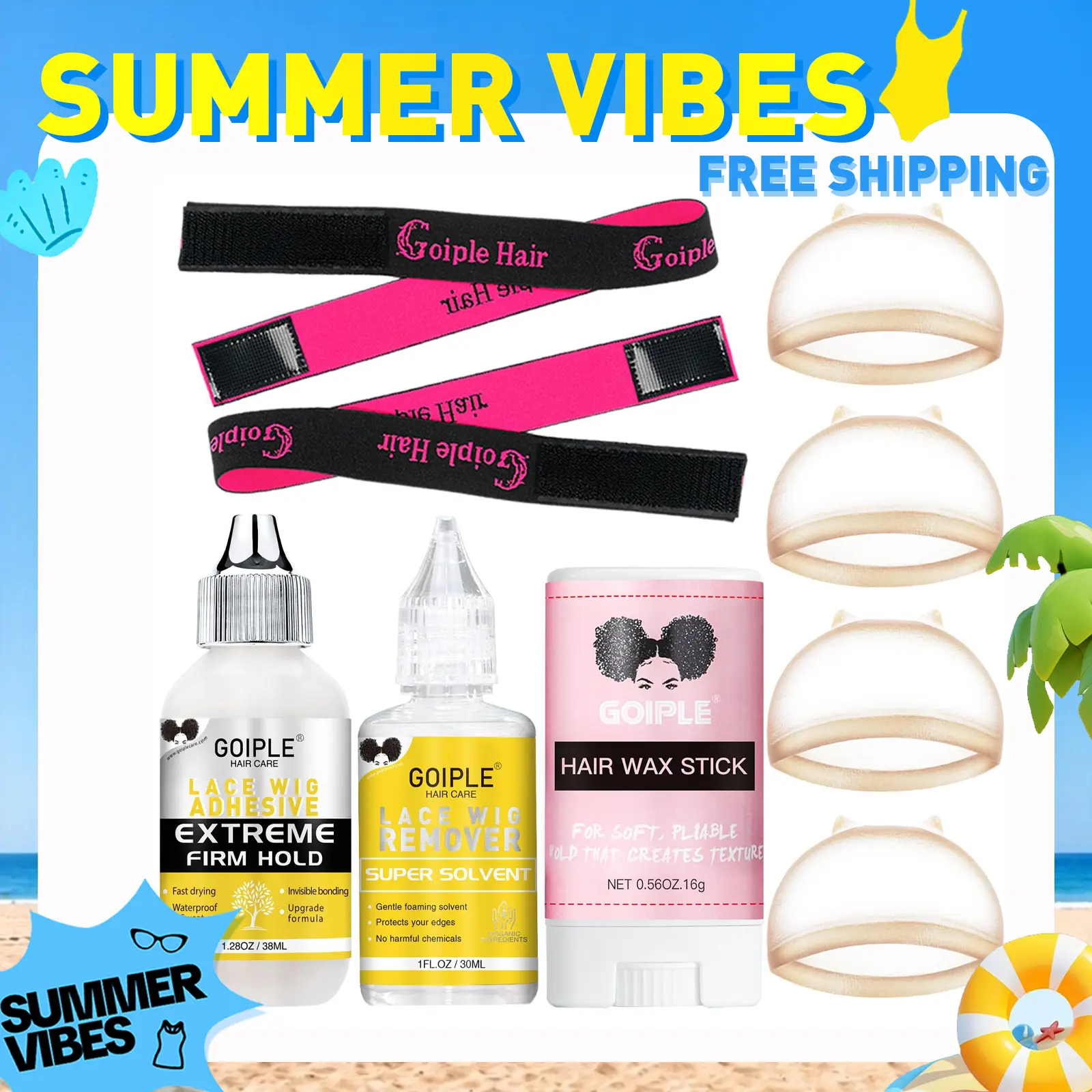 【SUMMER VIBES】Waterproof Lace Wig Glue Set - 9 Count with Wig Glue Remover, Hair Wax Stick, and Wig Styling Tools Kit Gel Invisible Bond Natural Look Adhesive