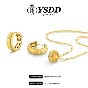 【#521 YG Clara】Retro Style Clover Huggie and Necklace Synthetic Moissanite Jewelry in 925 Sterling Silver