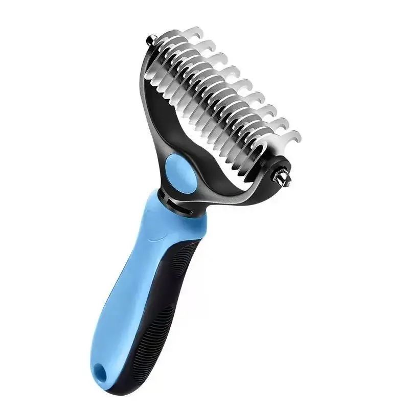 Double-Sided Dematting Grooming Rake for Long-Haired Dogs - Stainless Steel Rounded Teeth Detangling Fur, Pain-Free Use Deshedding Brush, Detangles and Removes Loose Coat, Comfortable Grip Dematting Comb Brushes, (N2) 17×10×3 cm