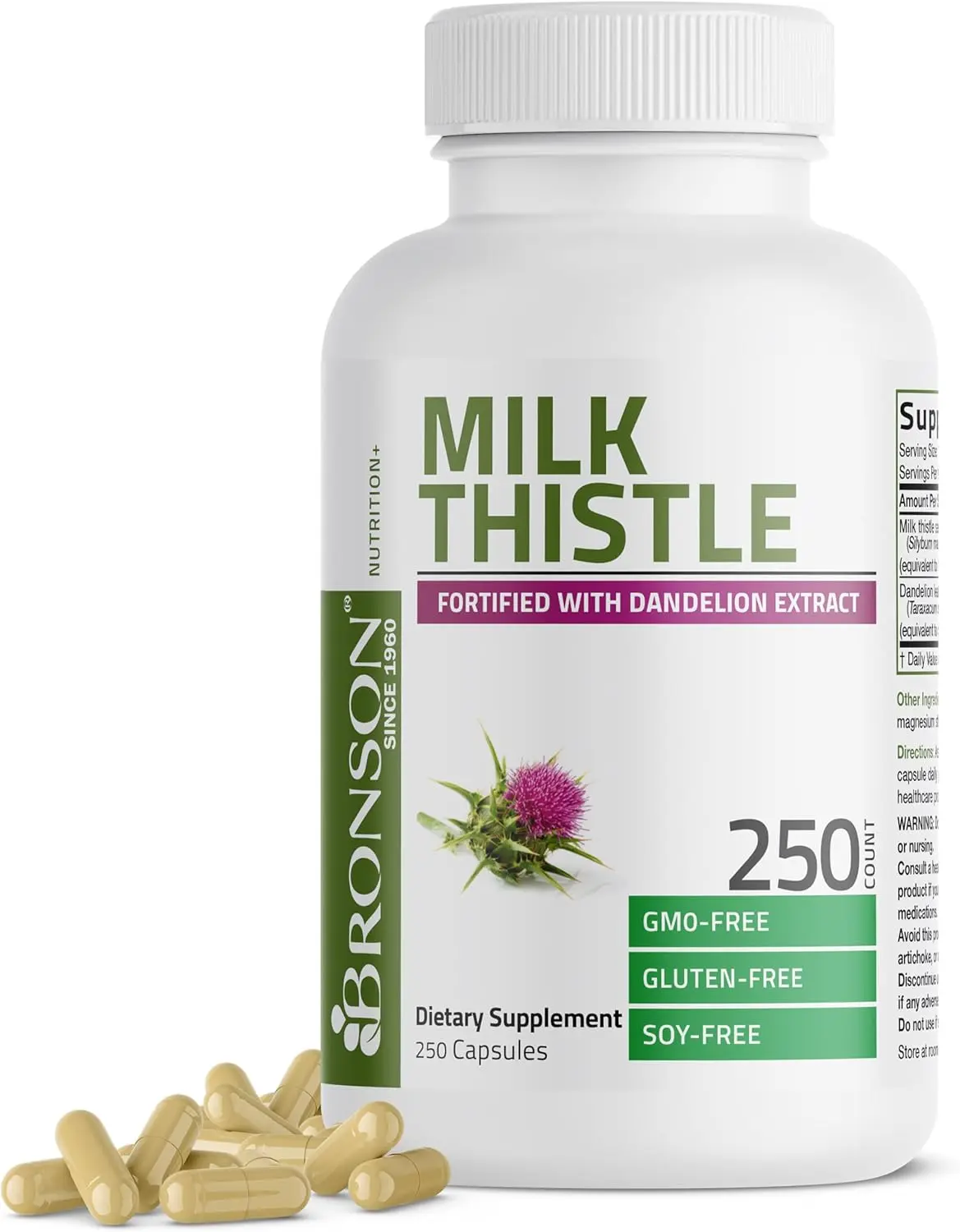 Bronson Milk Thistle Silymarin Marianum & Dandelion Extract, 250 Capsules | 2-in-1 Liver Cleanse, Health, Detox & Antioxidant Support, Non-GMO, Gluten-Free, Soy-Free