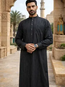 Arabic Islamic Muslim Traditional Robe, Authentic Saudi Thobe, Modesty Thobe, Long Robe with Striped Embroidery, Eid Al Fitr Hajj Festival Clothing