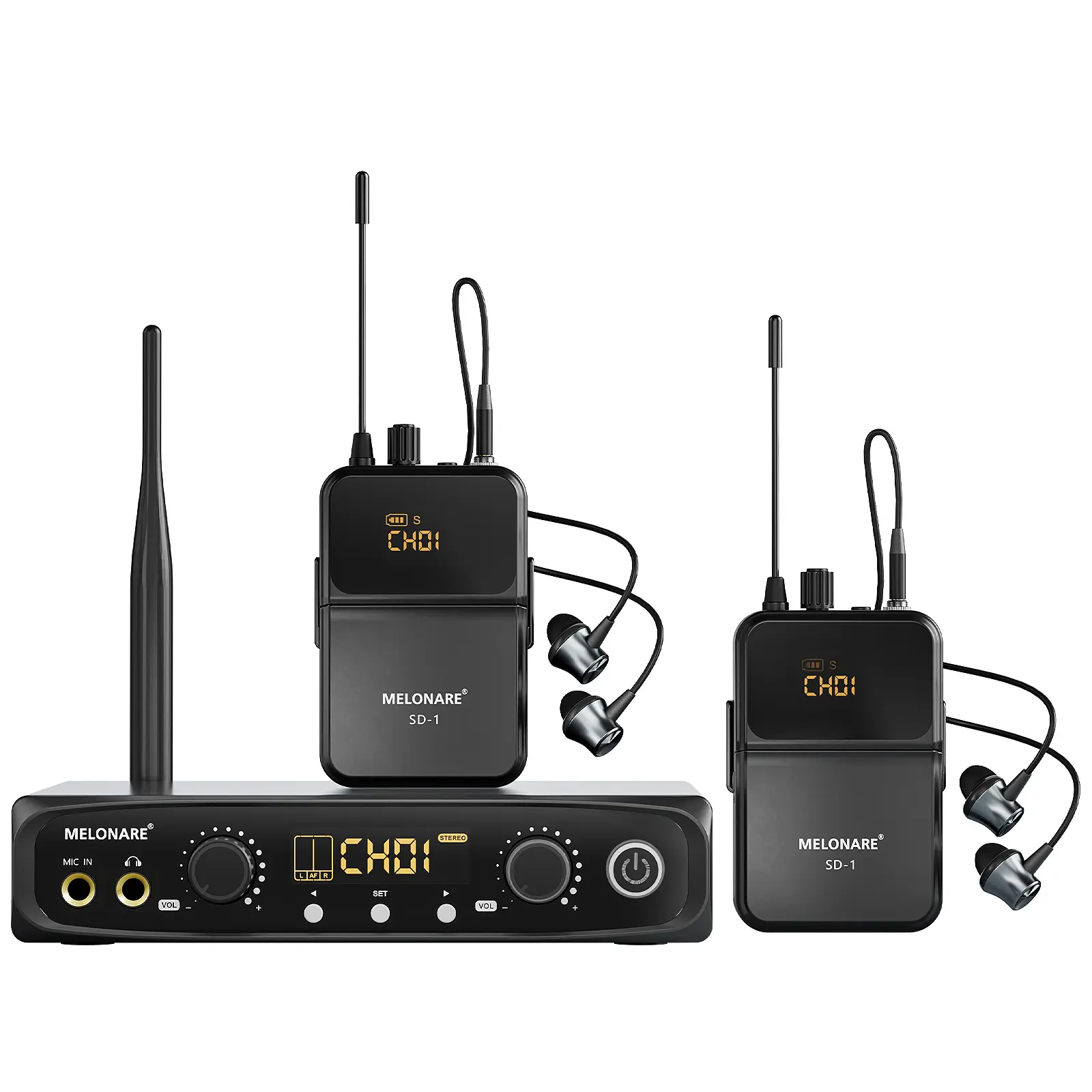 Wireless in-Ear Monitor System, Stereo & Mono IEM System w/Bodypack Receivers & Earphones, 10 Tunable Frequencies, 200ft Range, in Ear Monitors for Musicians, Bands, Studio (SD-1-2R)