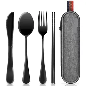 Outdoor Camping Stainless Steel Cutlery Set: Knife, Fork, Spoon, Chopsticks 4-Piece Set with Cloth Bag, Portable Outdoor Cutlery Set