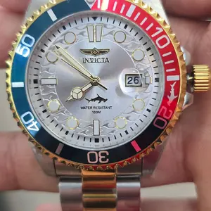 Invicta Pro Diver Men's Watch 43mm Gold Steel Water Resistant 100M Dive Watch with Red and Blue Bezel