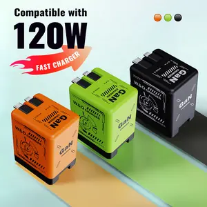 （Compatible with iPhone 17 Pro Max charging）2PCS W&O 4-in-1 Compatible 120W GaN Fast Charger Built-in 31-inch Charging Cable Fast Charging Superior Safety 2 USB Ports for Up to 2 Devices Simultaneously