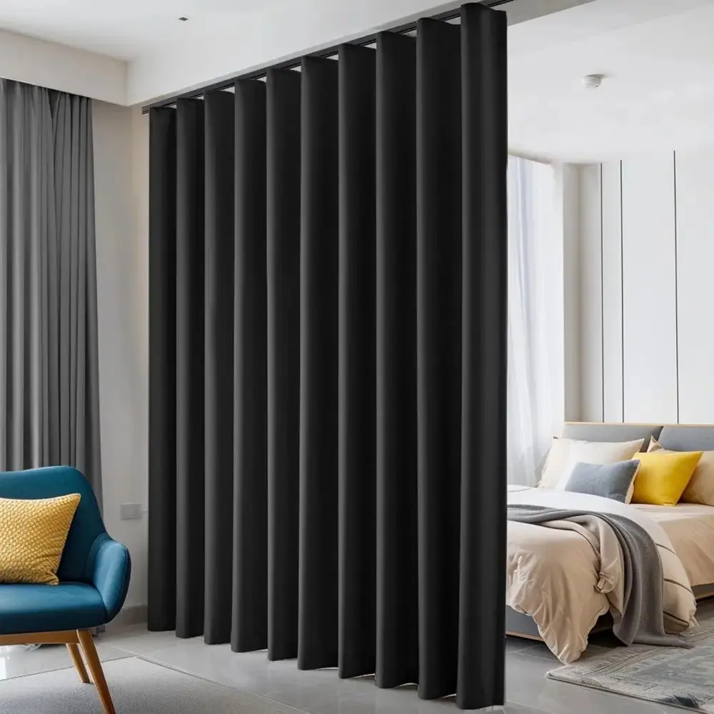 Room Divider Curtains, Blackout Ceiling Track Curtains With Hook Sound Proof Floor Curtains Perfect For Ceiling Mount Curtain Tracks, Wall Divider For Room Separation (Black, W100 x H84)