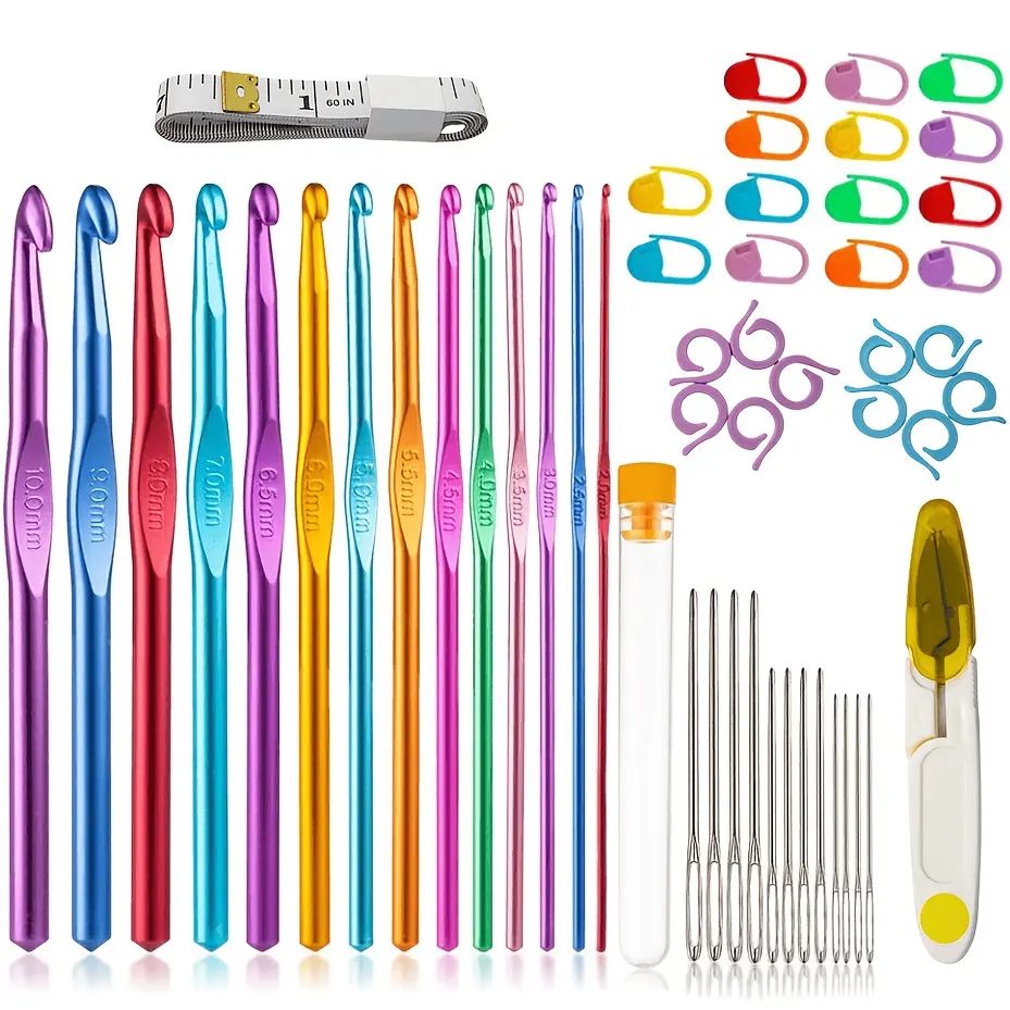 52 PCS Crochet Hooks Set High Quality Coloured Aluminum Ergonomic Handle Crochet Hook Needles for Arthritic Hands with Stitch Markers and Large-Eye Blunt Needles