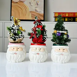 Santa Face Ceramic Planter with Beetles Mini Christmas Tree Pot for Succulents Indoor Outdoor Decoration Holiday Home Décor for Plant Lovers Office Living Room Table Display Jumbo Themed Gift Bags Set FA5863900