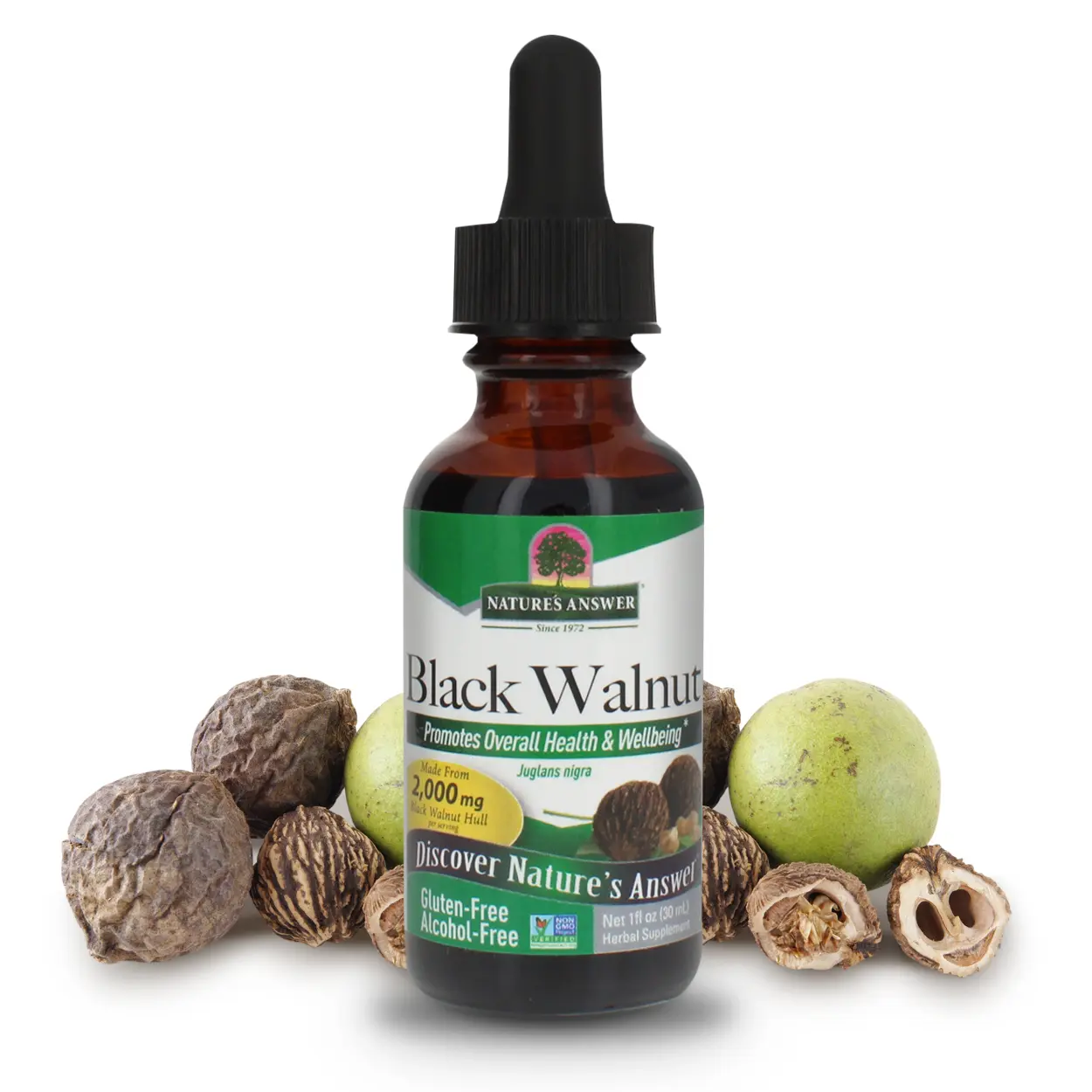 Nature's Answer Alcohol-Free Black Walnut Extract Green Hulls, 1-Fluid Ounce | Natural Cleanser & Detoxifier | Digestive Support | Gluten-Free | Single Count