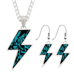 Western Style Lightning Bolt Pendant & Earrings Set Hand Crafted with Turquoise Stones Rustic Bold Design 1.00” Earring Size 1.098” Pendant Size