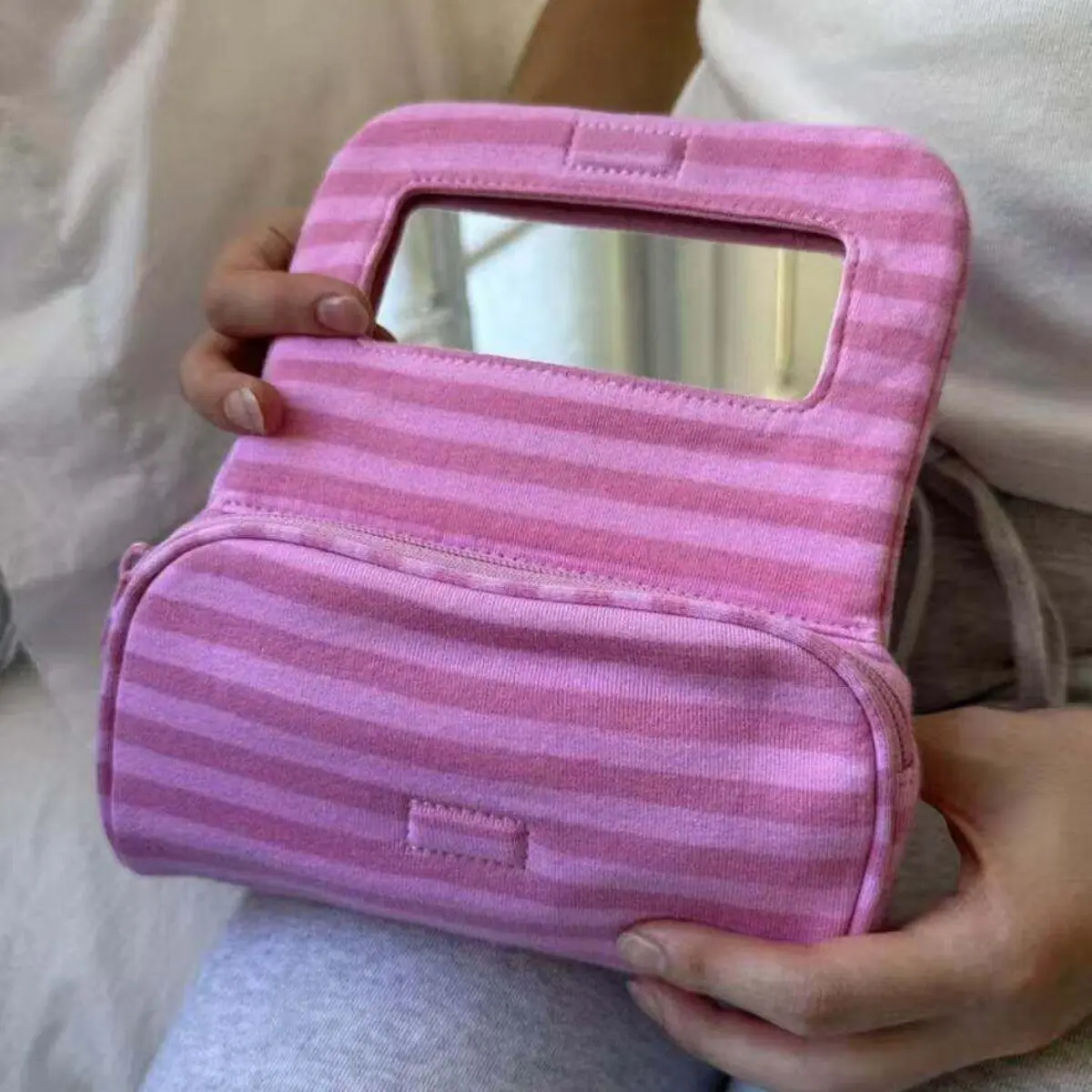 New Ins‑Style Pink‑White Stripe Makeup Clutch Bag with Built‑in Mirror, Cute Mini Portable Nylon Cosmetic Storage Pouch for Girls