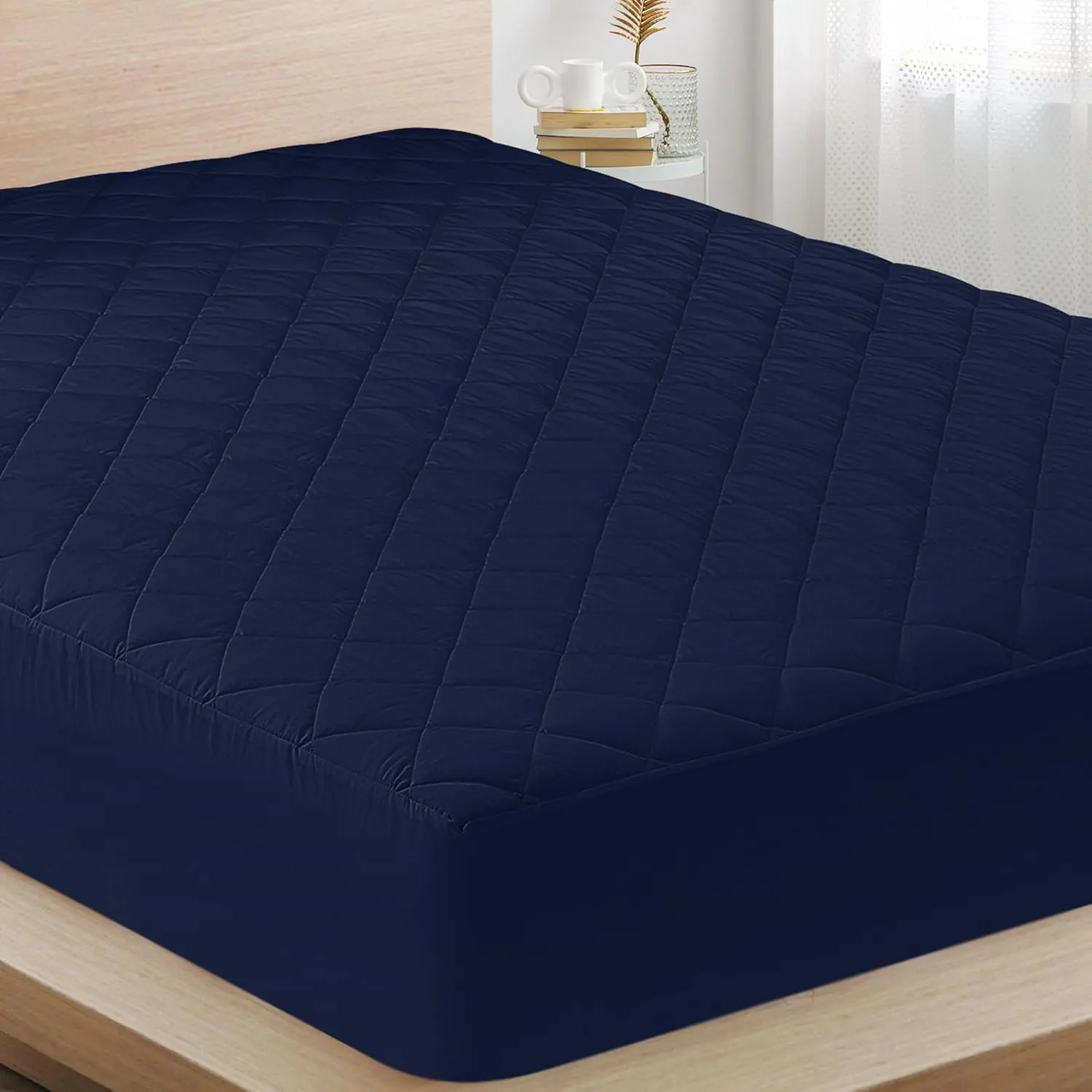 Quilted Fitted Mattress Pad,  Size, Elastic Fitted Mattress Topper Protector and Cover Stretches up to 16 Inches Deep, Machine Washable (Navy)