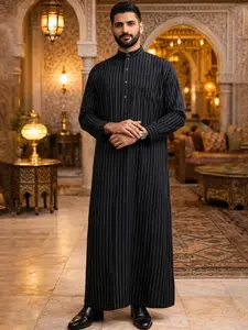 Men's Middle Eastern Traditional Robe, Bottom Fine Stripe Stand Collar, Ramadan Eid Festival Clothing, Long Sleeve Fitted Style, Authentic Saudi Thobe