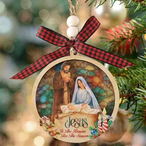 Jesus Wooden Colorful Acrylic 2-layer 3D Pendant Ornaments, Christmas Nativity Scene Ornaments, Round Wooden Jesus Sign Nativity Ornaments Hangings Ornaments, With bow lanyard