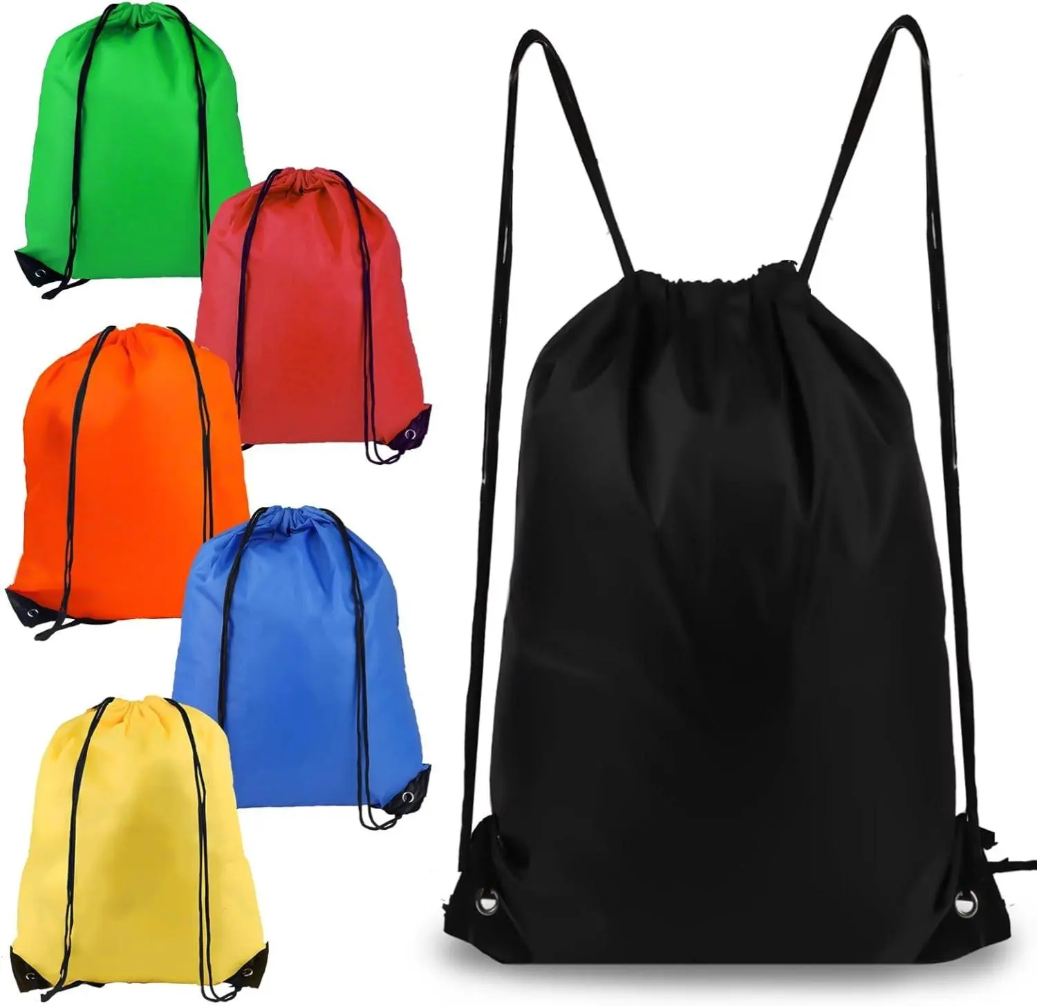 6Pcs Black Drawstring Backpacks - Multi-Function On-The-Go Sport Drawstring Bags, Athletic Workout Gym Bags for Sports, Travel, Athletic Bag