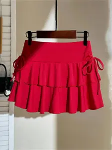 Women's solid color drawstring waist lotus leaf sway waist Fitted skirt