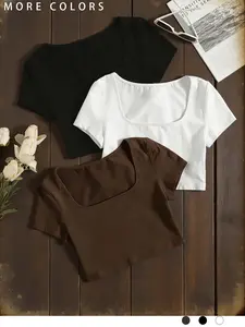 Women's Square Neck Short Sleeve T-Shirt, Sexy Slim Fit Graphic Top, Casual Commuter Daily Wear, Summer, Home Relaxation, Gym Workout
