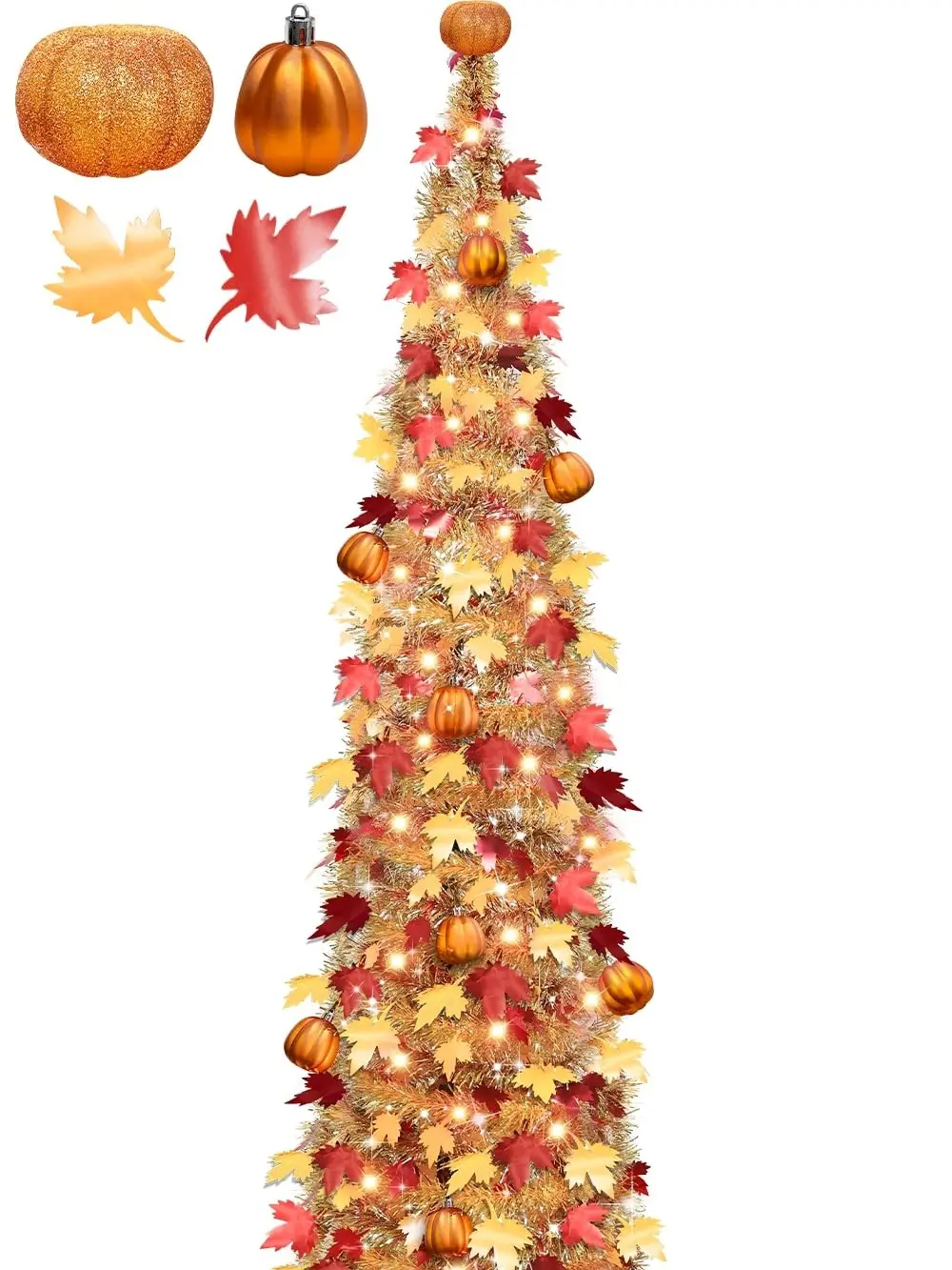 TURNMEON 5 FT Fall Tree Fall Decor, Pop Up Tinsel Maples Tree with 50 Warm White Lights Orange Pumpkins Battery Operated Lighted Halloween Tree Fall Decorations for Home Harvest Thanksgiving Party Indoor