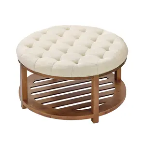 VEVOR Large Round Tufted Ottoman Coffee Table, 31.9 in Linen Upholstered Footrest with Solid Wood Storage Shelf, 350 LBS Capacity for Living Room, Bedroom