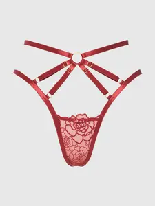 Crotchless Tanga Cotton Lace Women's Adjustable Backless Embroidered Lingerie Panty Piece High-Waisted Skimpy Design Cheeky Lace Open-Back Lingerie