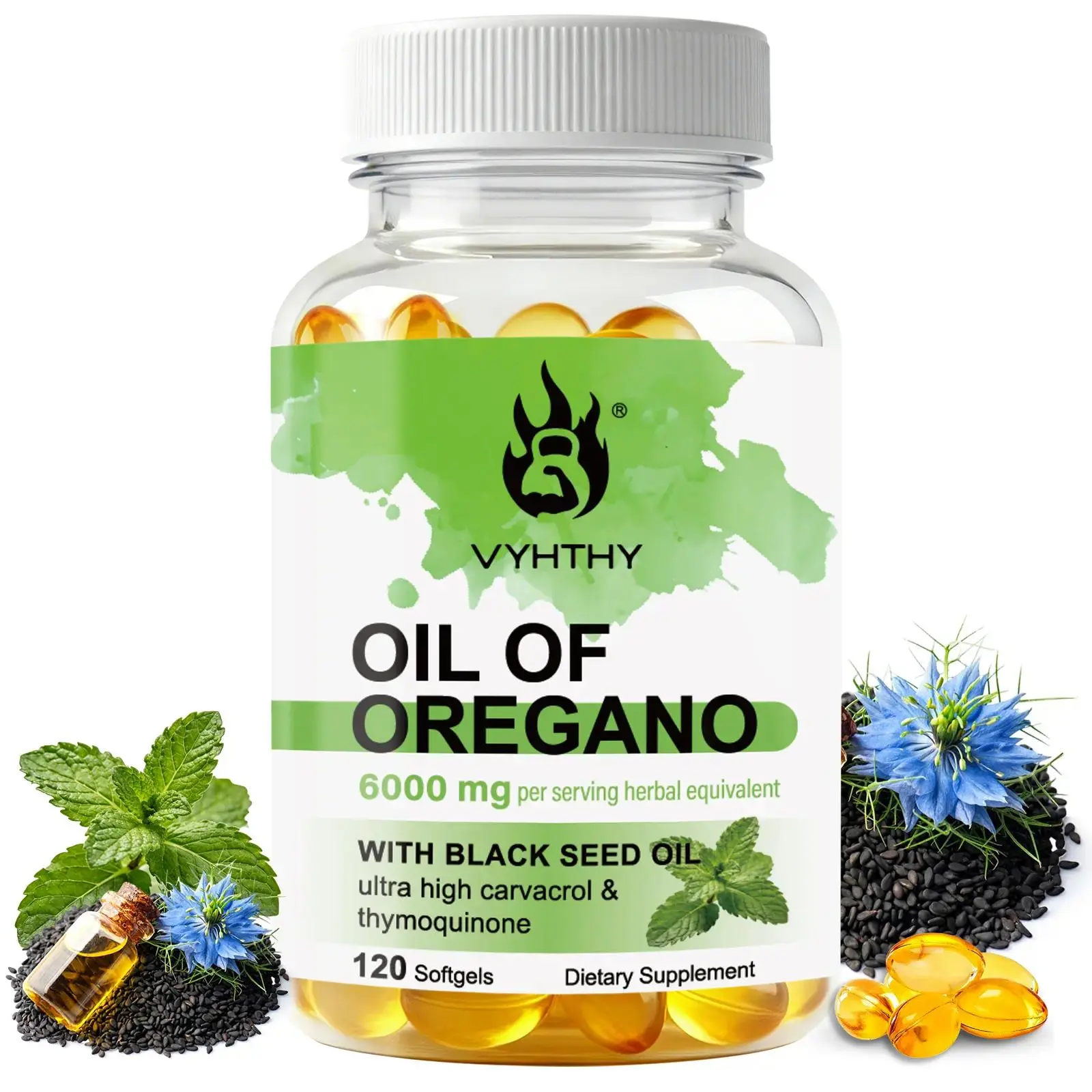 VYHTHY Oregano Oil  with Black Seed Oil 6000mg – High Potency Carvacrol & Thymoquinone Complex – Immune Support, Gut Health & Digestive Cleanse Supplement – Non-GMO, Smooth Softgels