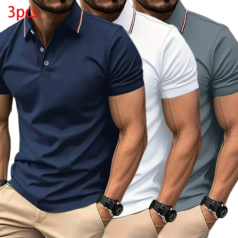 Men's Sporty Chic Polo Shirt, Slim-Fit Plain Short-Sleeve Design, Breathable for Smart Casual Summer Wear, M