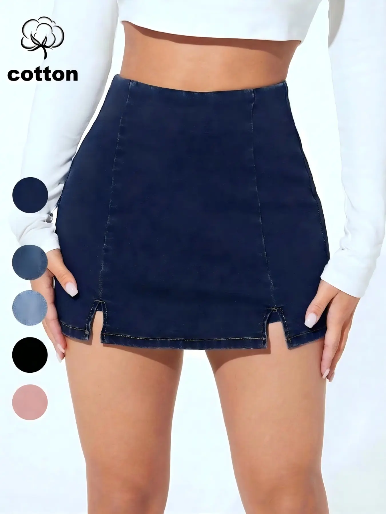 Fashionable Solid High Waist Slim Fit Bodycon Split Slit Denim Skirt for Petite Women