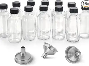 12 Pack, 2 oz Small Clear Glass Bottles w/Lid & 3 Funnels - 60ml Boston Shot Bottles for Health, Immunity, Potion, Wellness, Sample, Ginger, Juice - Mini Personal Care & Beauty Travel Bottle
