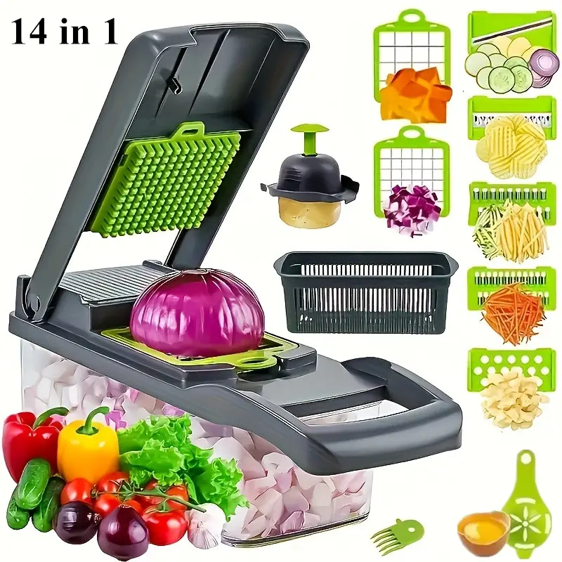 14 In 1 Multifunctional Vegetable Chopper Grate Food Handle Food Chopper Vegetable Slicer Dicer Cut Kitchen Items Cocina veggie chopper Set Steel Utensils Stainless Grey