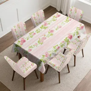 4/5/6/7pcs Pink Floral Stripe Chair Cover And Tablecloth Set, Easy to Wash & Care, Fits Dining Room, Indoor Dining, Outdoor Camping, Kitchen, Party Must-Have, Festival Decor, All Seasons & Gift