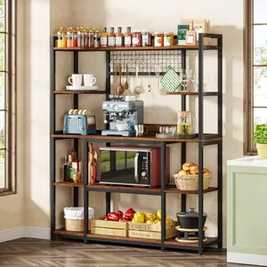 LITTLE TREE Large Bakers Rack, 55" Wide Kitchen Hutch Cabinet Microwave Stand with 11 Hooks, 5-Tier Baker’s Rack Kitchen Storage Shelf with Hutch