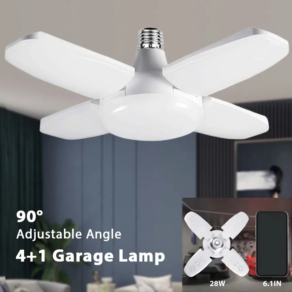 2/5 Pack Kasotile Mini Garage Lights, 28W LED Shop Lights, LED Commercial Lighting, Garage Light Ceiling Led with 4+1 Deformable Panels, Adjustable Angle, Screw in E26/E27 Socket Bulb for Warehouse, Workshop, Basement, Barn Lighting