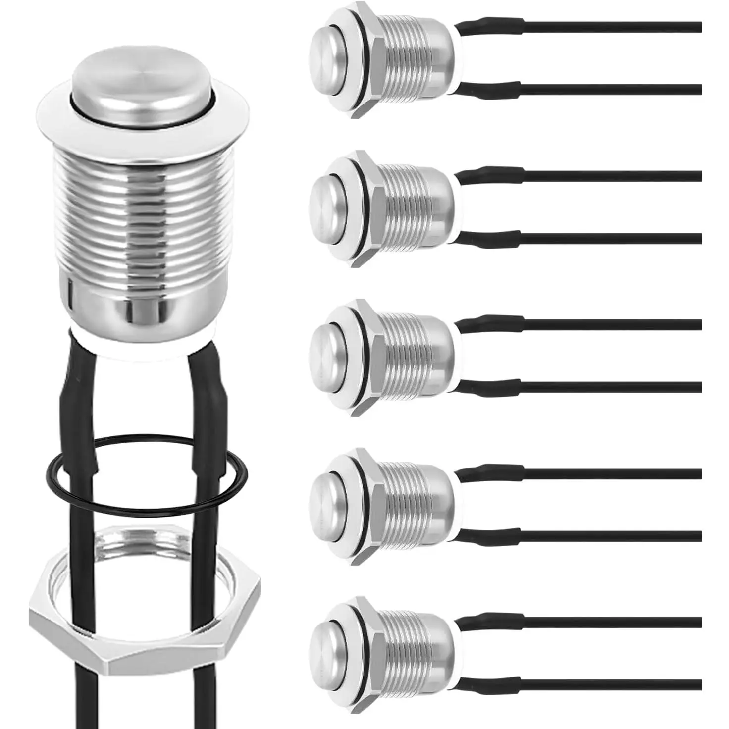 Nilight 6PCS 12mm Momentary Push Button Switches - 12V Waterproof Stainless Steel Round 2-Pin Switches with Pre-Wired Harness, 1A 250VAC Load for Cars Trucks Boats, Outdoor Wet Areas