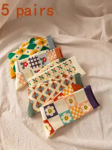 5 Pairs Cute Floral Mid-Calf Socks, Womenswear, Soft and Breathable, Vintage Style with Daisies, Plaid, Grid, Print Patterns, Perfect for Daily Wear