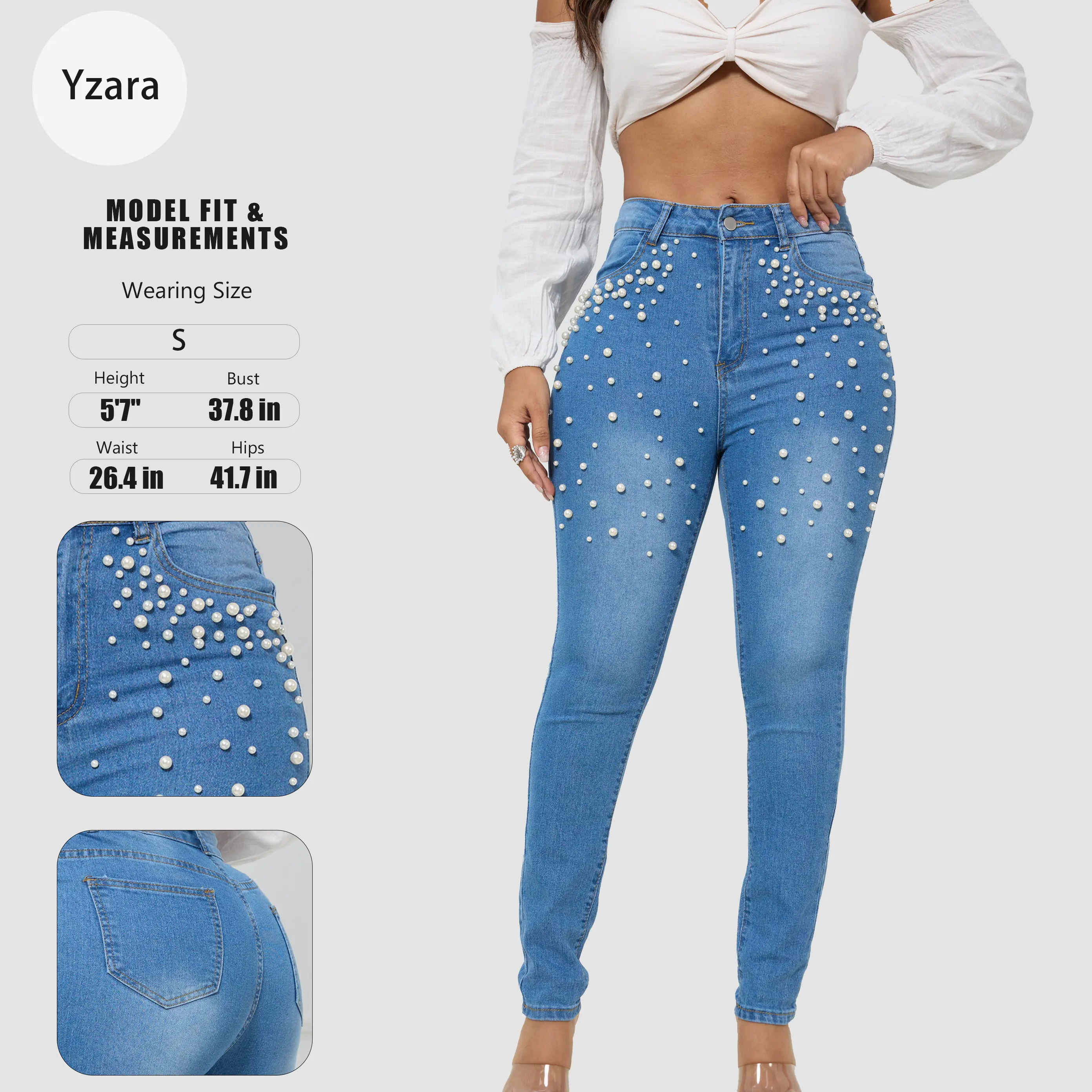 Women's Elegant Cotton Skinny Jeans - Pearl-Embellished Mid-Waist Stretch Denim Pants with Zipper, Solid Middle Wash, Slim Fit for Everyday Wear, Sleek Skinny Fit, Pearls, Flattering Jeans, Chic Jeans, Elastane, All Seasons, Curve Support, Stretchy Jeans