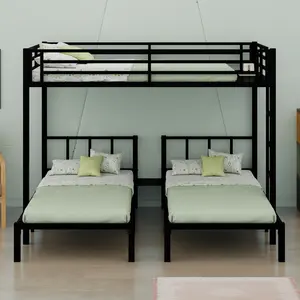 Space-Saving Black Triple Bunk: Twin over Twin over Queen with Full Guardrails