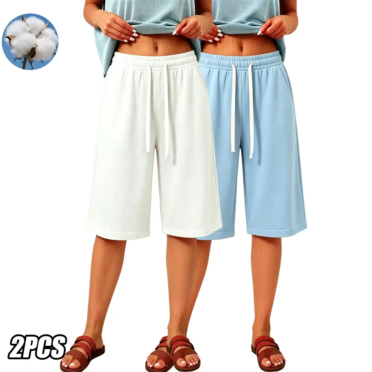 2-pack women’s capri yoga pants — loose, lightweight athletic/jogging pants with pockets and an elastic waistband; suitable for outdoor workouts, dates, casual wear, and home use.