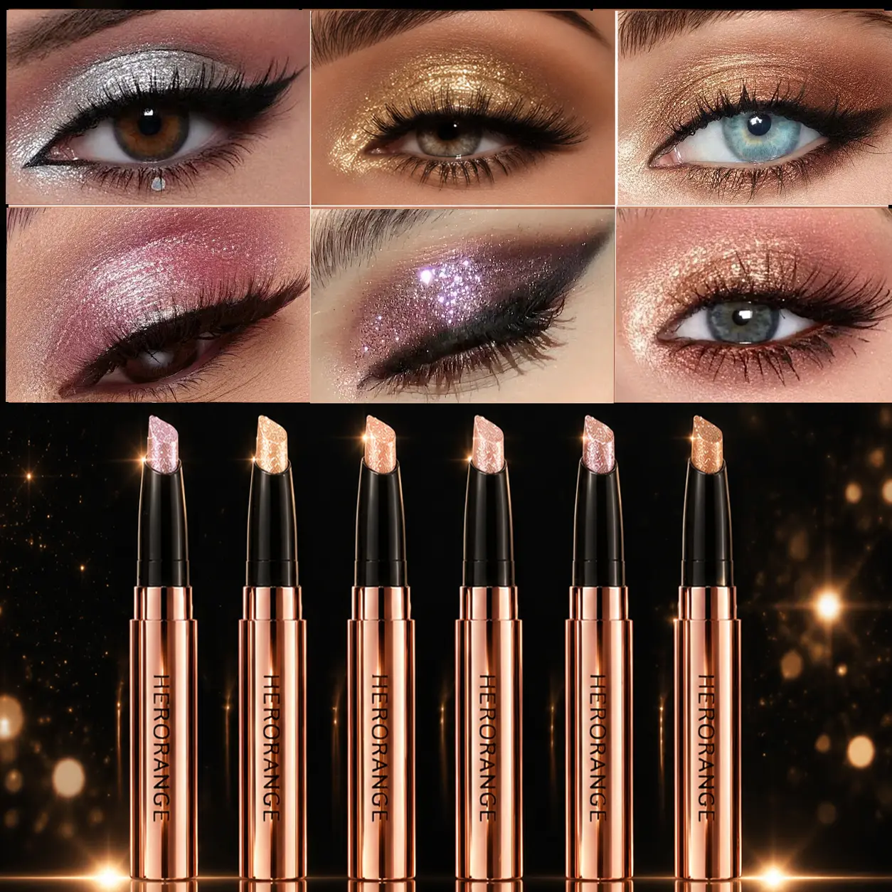 6-PIECE Carnival queen energy in 6 shades. Rainbow + molten gold shimmer sticks. Glittery wet-look lids, one swipe, no smudge  Mardi Gras approved. #CarnivalMakeup #GlitterShadow。