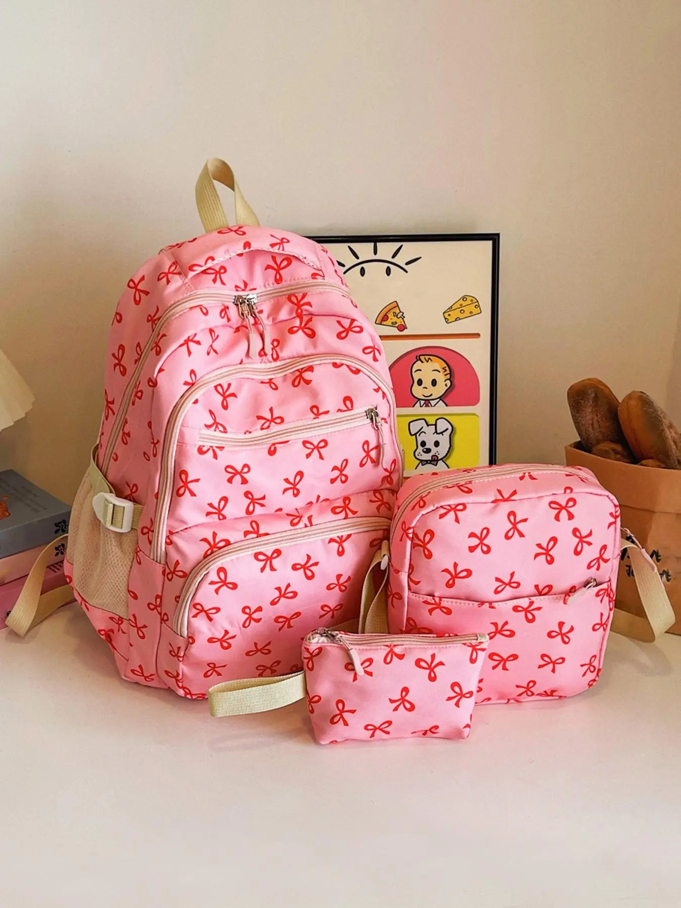 Sweet  simple fashion bow print three-piece backpack, small fresh multi-pocket Cute Backpack, casual daily exquisite commuter   versatile backpack handbag storage bag, suitable for student  , daily travel and so on.