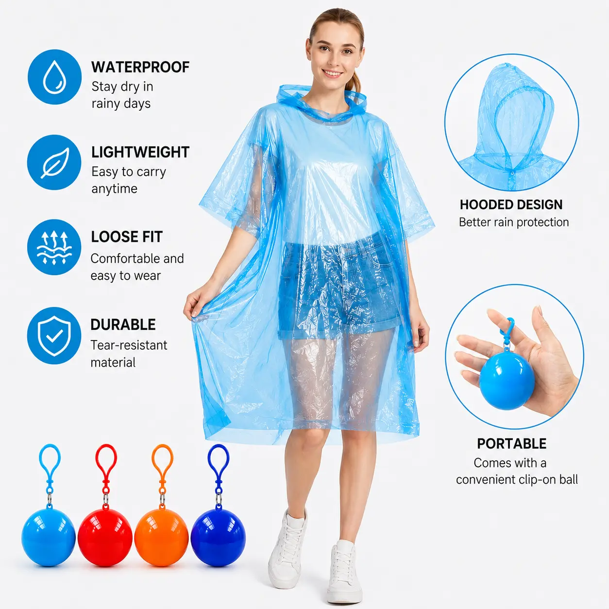 1 Count Hooded Disposable Rain Poncho, Waterproof Tear-Resistant Portable Raincoat with Keychain Ball for Outdoor Sudden Rain and Camping Travel