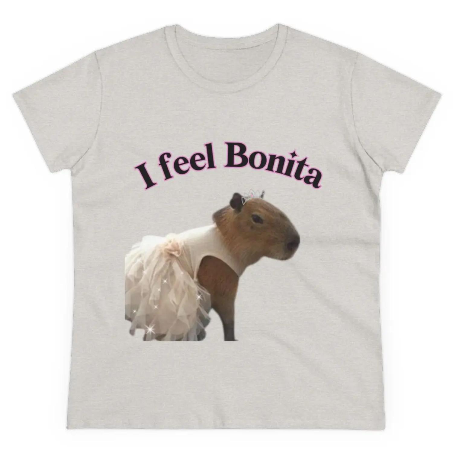 Funny Women's Cotton T-shirt Featuring Capybara with I Feel Bonita Sparkly and Cute Design Funny Women's Cotton T-shirt Featuring Capybara with I Feel Bonita Sparkly and Cute Design