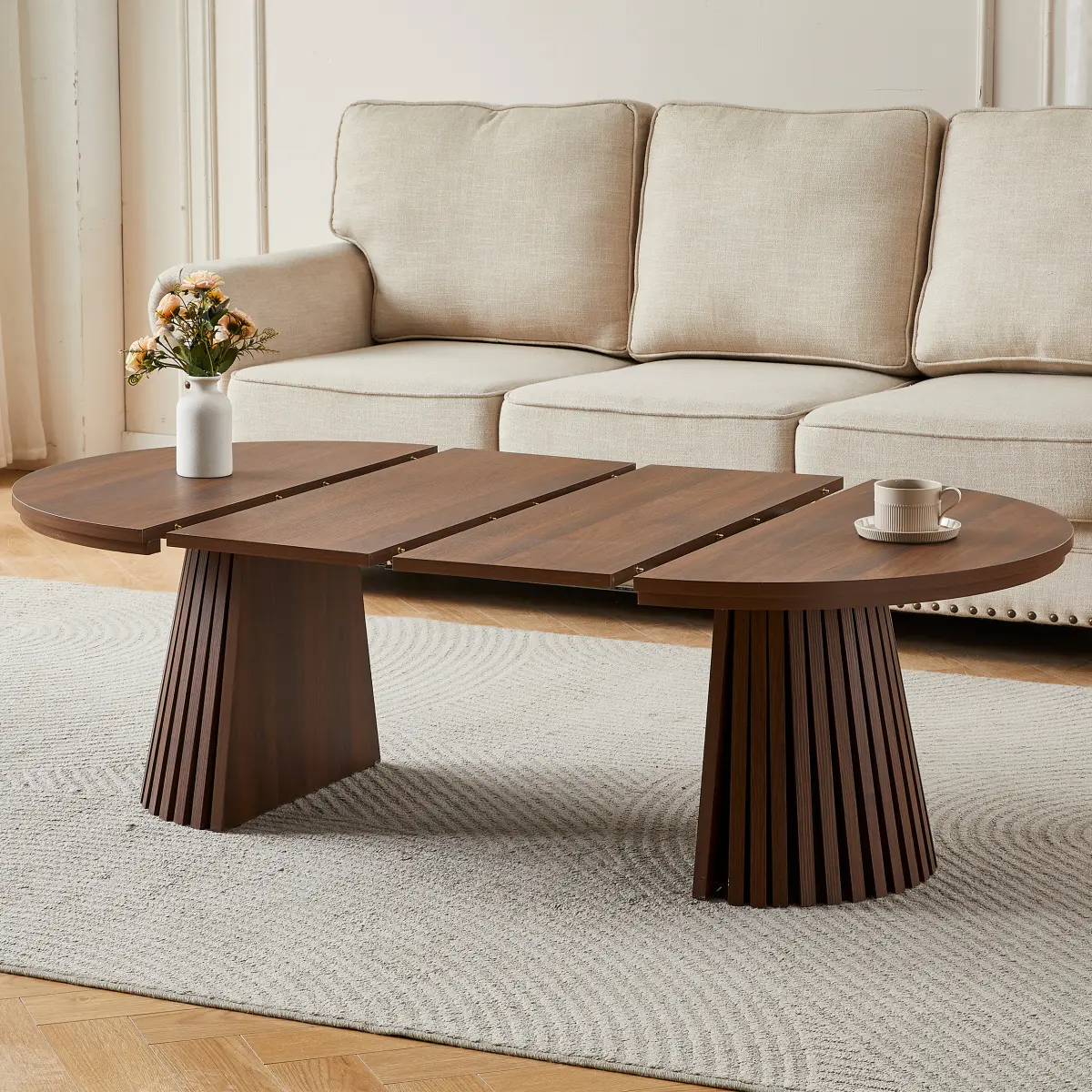    [Bellemave] Wooden Extendable Coffee Table, Fashionable Oval Design and Slatted Table Legs, Tea Table or Office Desk, Modern Living Room Center Table
