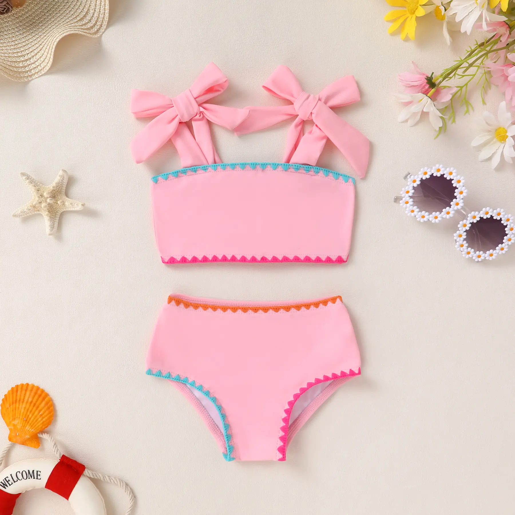 Toddler Baby Girls' 2-Piece Swimsuit Beachwear - Solid Color, Stripe Design, Fabric with Liner, Summer Bathing   Swimoutfit
